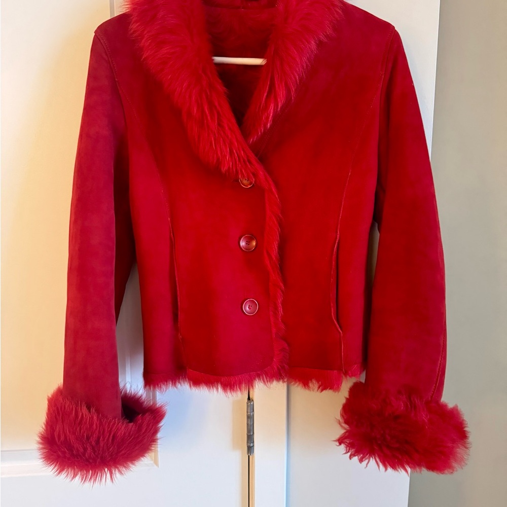 Red Shearling Jacket with Real Fur Lining & Trim